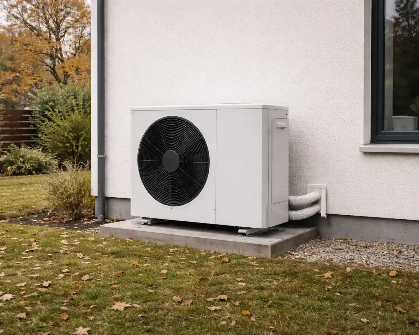 Ein weißes Wärmepumpen-Außengerät, das durch die Heizkurve Wärmepumpe optimiert wurde, ist auf einer Betonplatte neben der Außenwand eines Gebäudes installiert, mit Gras und verstreutem Herbstlaub im Vordergrund.
