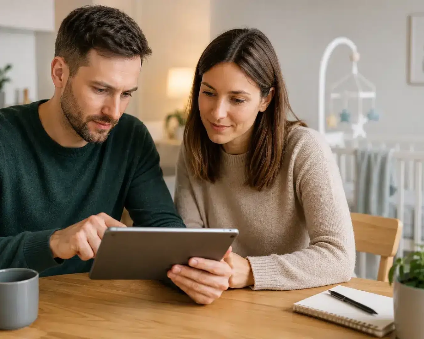 Ein Mann und eine Frau sitzen an einem Holztisch und schauen gemeinsam auf ein Tablet - vielleicht erkunden sie einen Junior Depot Vergleich. Auf dem Tisch stehen eine Tasse und ein Notizbuch mit Stift, während ein Kinderbett im Hintergrund ein gemütliches Zuhause andeutet.
