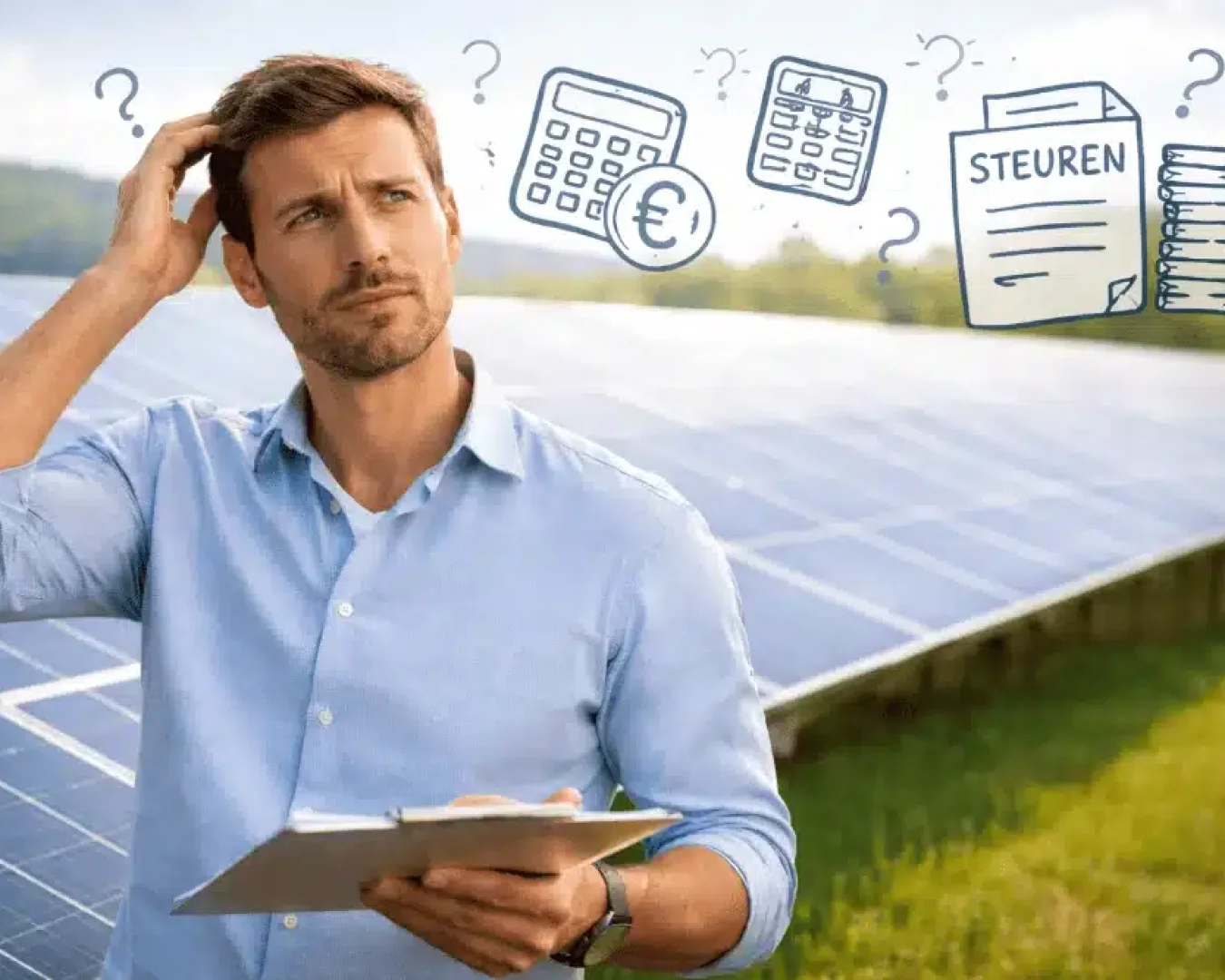 Ein Mann steht vor Sonnenkollektoren, kratzt sich am Kopf und hält ein Klemmbrett in der Hand. Illustrierte Icons über ihm weisen auf Möglichkeiten hin, Photovoltaik steuerlich zu optimieren, und zeigen Taschenrechner, Fragezeichen, ein STEUERN-Steuerdokument, ein Euro-Symbol und Papierstapel.