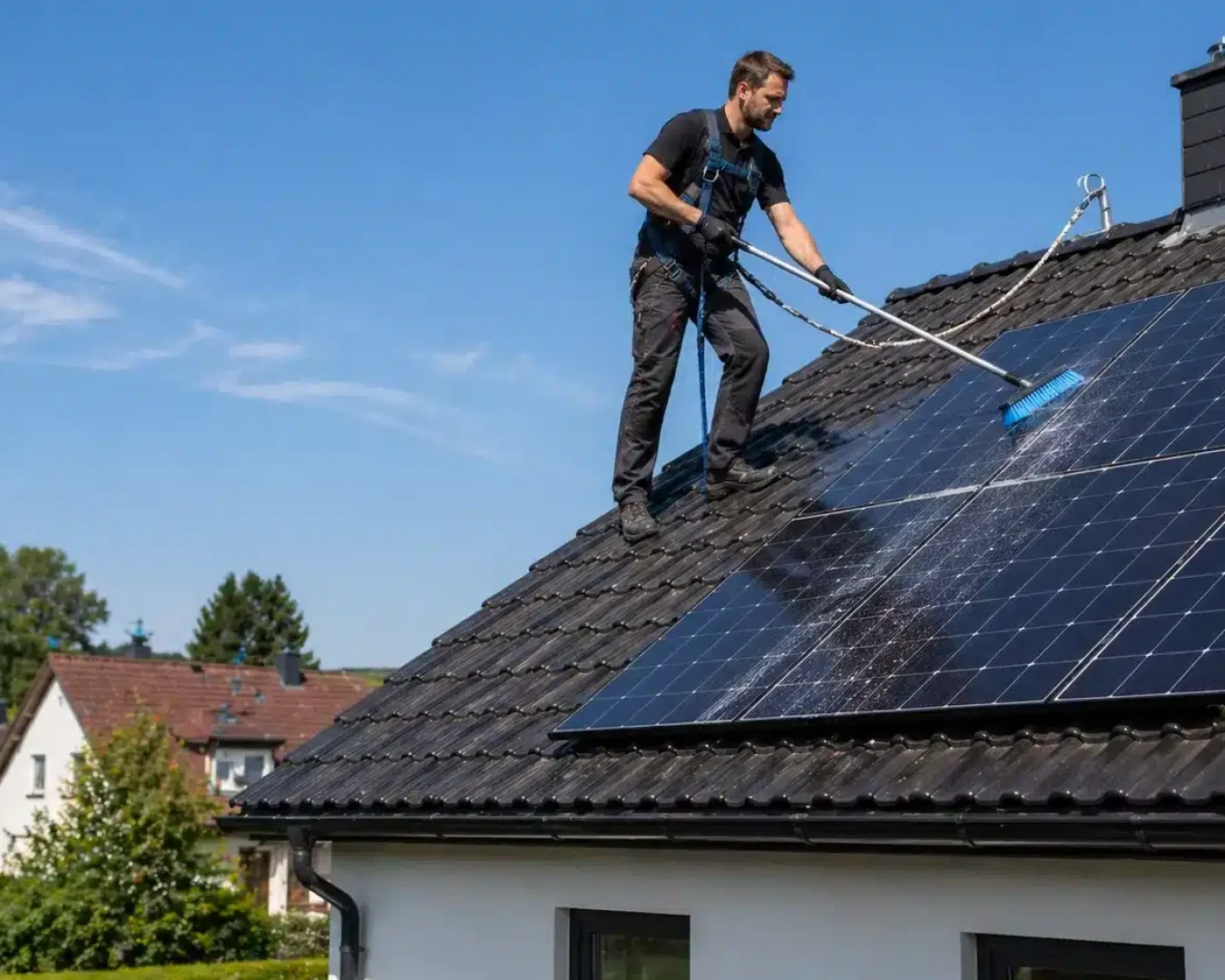 mann reinigt solaranlage auf dem dach