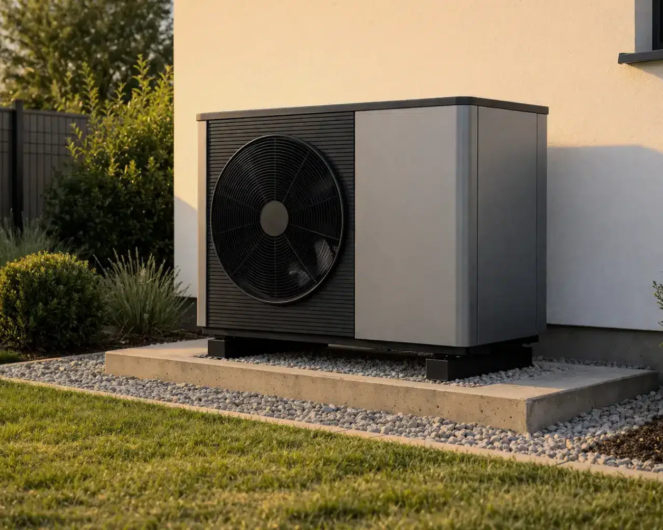 Ein modernes Wärmepumpengerät steht auf einem robusten Fundament Wärmepumpe neben einer Hauswand, umgeben von gepflegtem Rasen, Sträuchern und Dekosteinen.