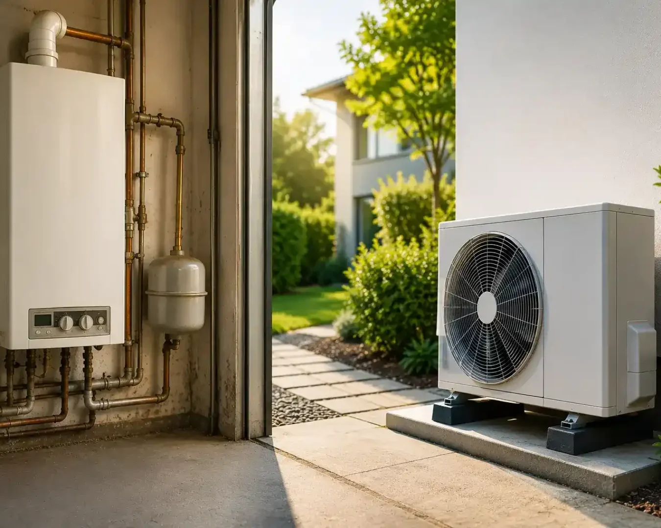 Eine moderne Wärmepumpenanlage mit einem an der Wand montierten Innengerät mit Rohrleitungen und einem Außengerät im Freien, umgeben von Grün – ein hervorragendes Beispiel, wenn es um die Kosten für die Umrüstung von einer Gasheizung auf eine Wärmepumpe im Hinblick auf energieeffizientes Heizen geht.