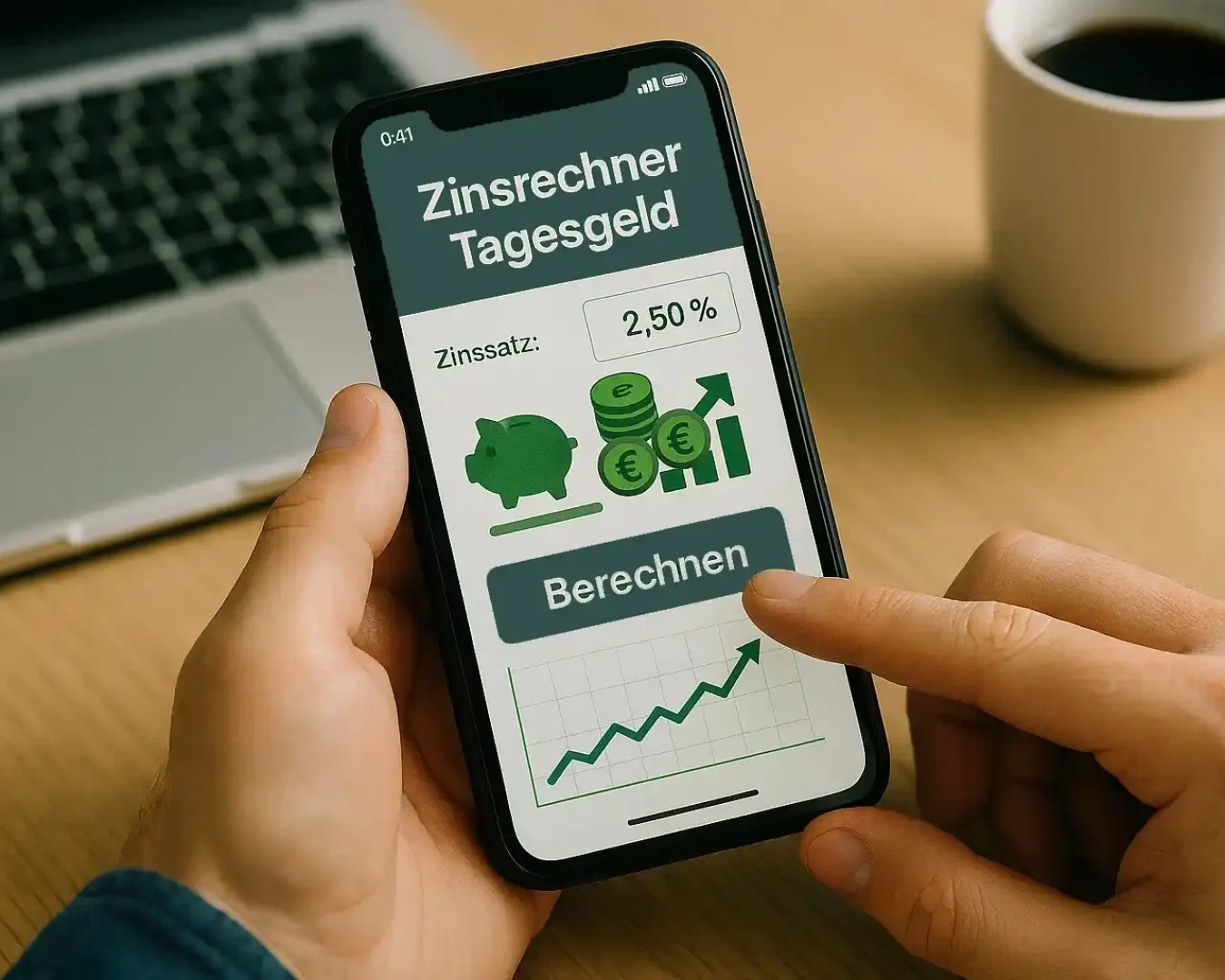 Eine Person hält ein Smartphone in der Hand, auf dem eine deutsche Zinsrechner-App mit der Überschrift Zinsrechner Tagesgeld, einem Zinssatz von 2,5 % und einem grünen Berechnen-Button angezeigt wird - perfekt für den nächsten Tagesgeld-Vergleich. Eine Tasse Kaffee steht auf dem Holztisch.