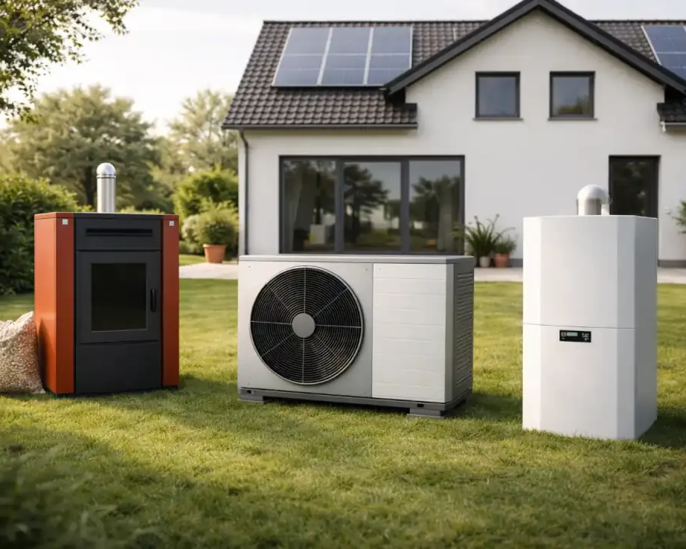 Auf einer grünen Wiese vor einem modernen Haus mit Sonnenkollektoren sind drei Arten von Heizsystemen ausgestellt: ein Pelletofen (als Alternative zur Wärmepumpe), eine Wärmepumpe und ein weißer Heizkessel. Neben dem Ofen steht ein Sack mit Pellets.