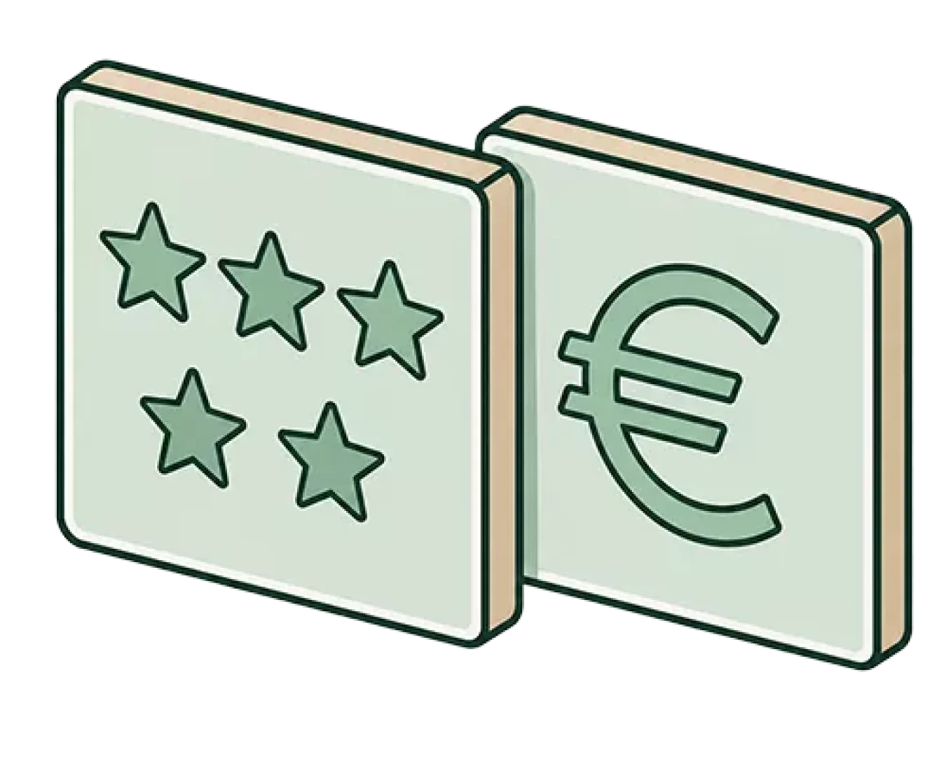 Zwei quadratische Kacheln: eine mit fünf Sternen und die andere mit einem Euro-Währungssymbol, beide in minimalistischem, grünem Design auf hellem Hintergrund - ideal, um Solaranlagen oder Verteiler hervorzuheben.