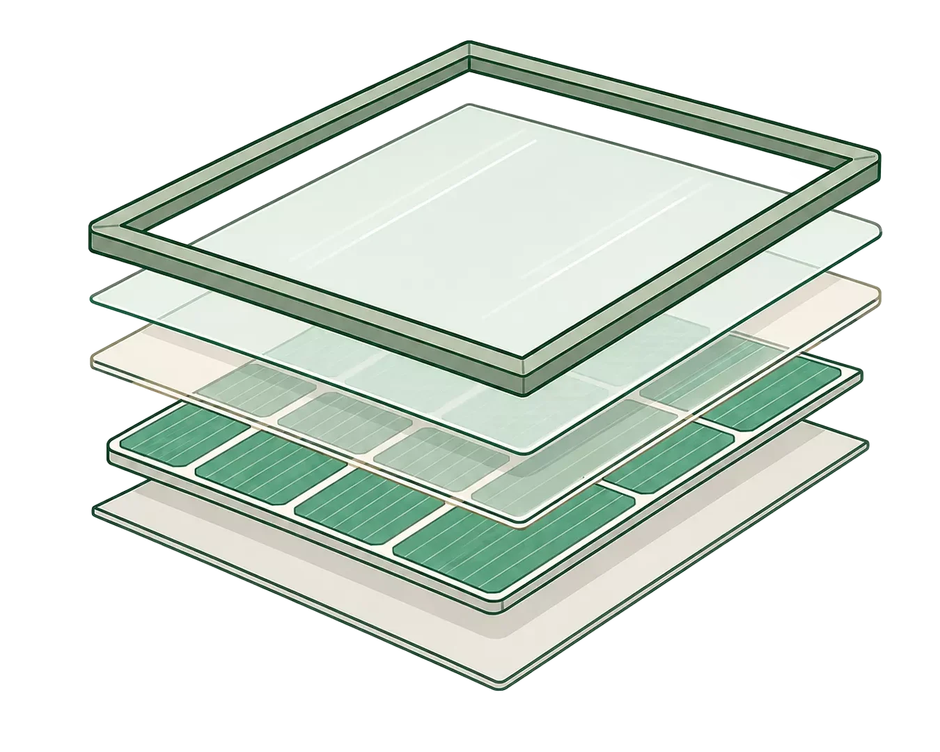 Eine Abbildung zeigt die Explosionszeichnung eines Solarmoduls, wobei die einzelnen Schichten - Glas, Verkapselungsmaterial, Solarzellen und Trägerfolie - in Grüntönen dargestellt sind, um die Funktionsweise und wie Strom aus Sonne erzeugt wird, zu verdeutlichen.
