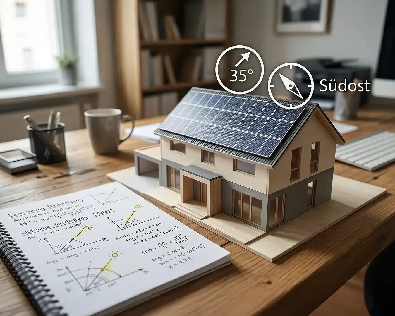 Ein Modellhaus mit Sonnenkollektoren auf dem Dach steht auf einem Schreibtisch mit Notizbüchern und Kaffeetassen. Ein Diagramm zeigt einen Winkel von 35° und das Wort "Südost" für die Ausrichtung der Sonnenkollektoren.