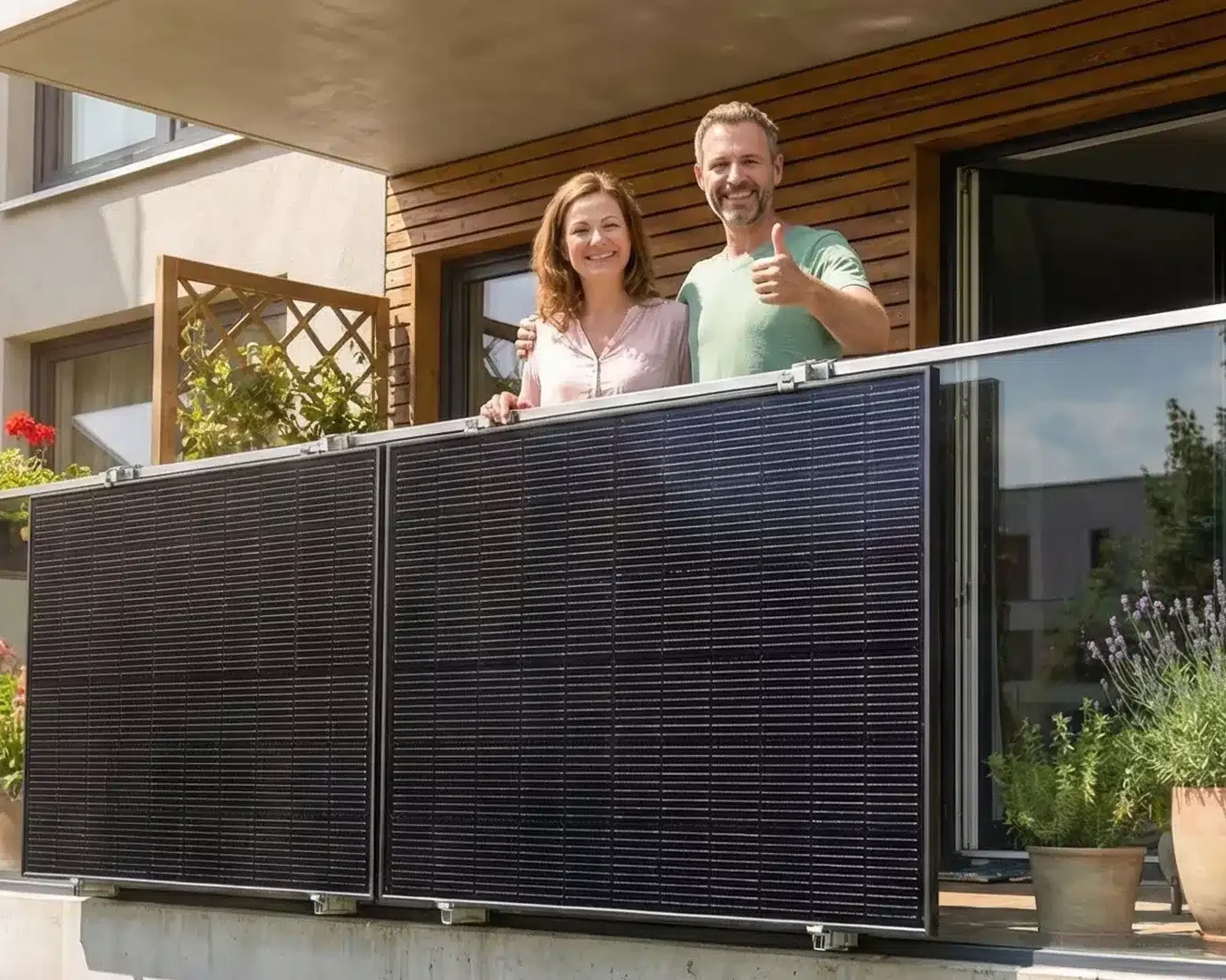 Ein lächelndes Paar steht auf einem Balkon mit Glasgeländer, hinter zwei großen Sonnenkollektoren eines führenden Balkonkraftwerk-Anbieters. Auf dem Balkon stehen Topfpflanzen und Blumen vor der Kulisse eines modernen Wohnhauses.