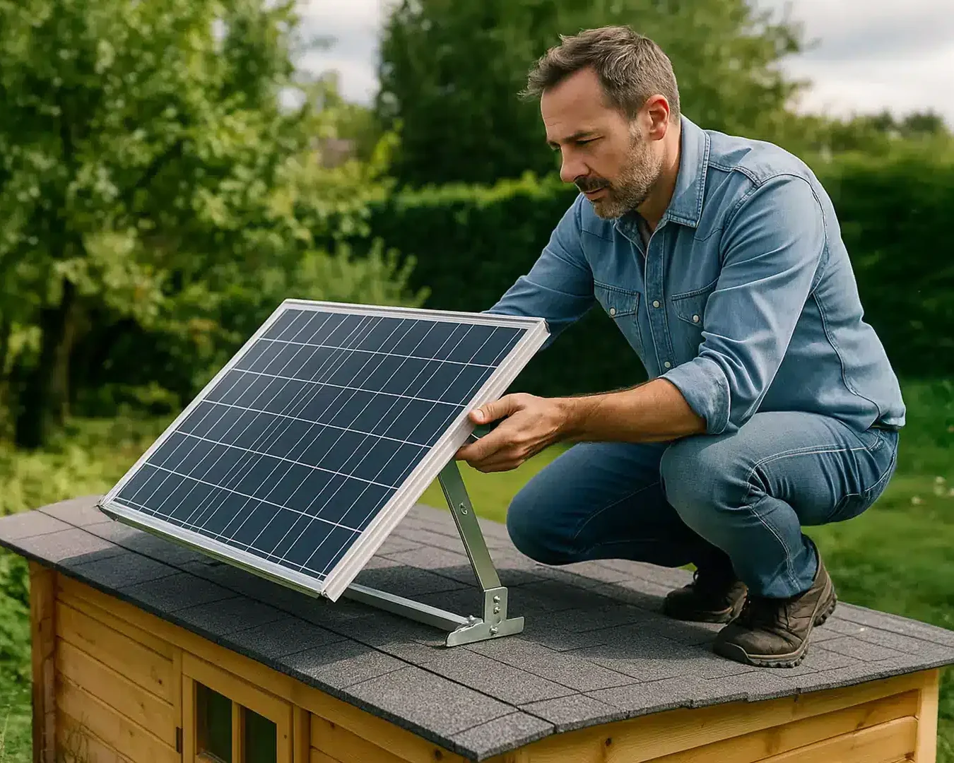 Ein Mann in einem Jeanshemd hockt auf dem Dach eines kleinen Holzschuppens und justiert ein auf dem Dach montiertes Solarpanel. Im Hintergrund sind üppige Grünflächen und Bäume zu sehen.