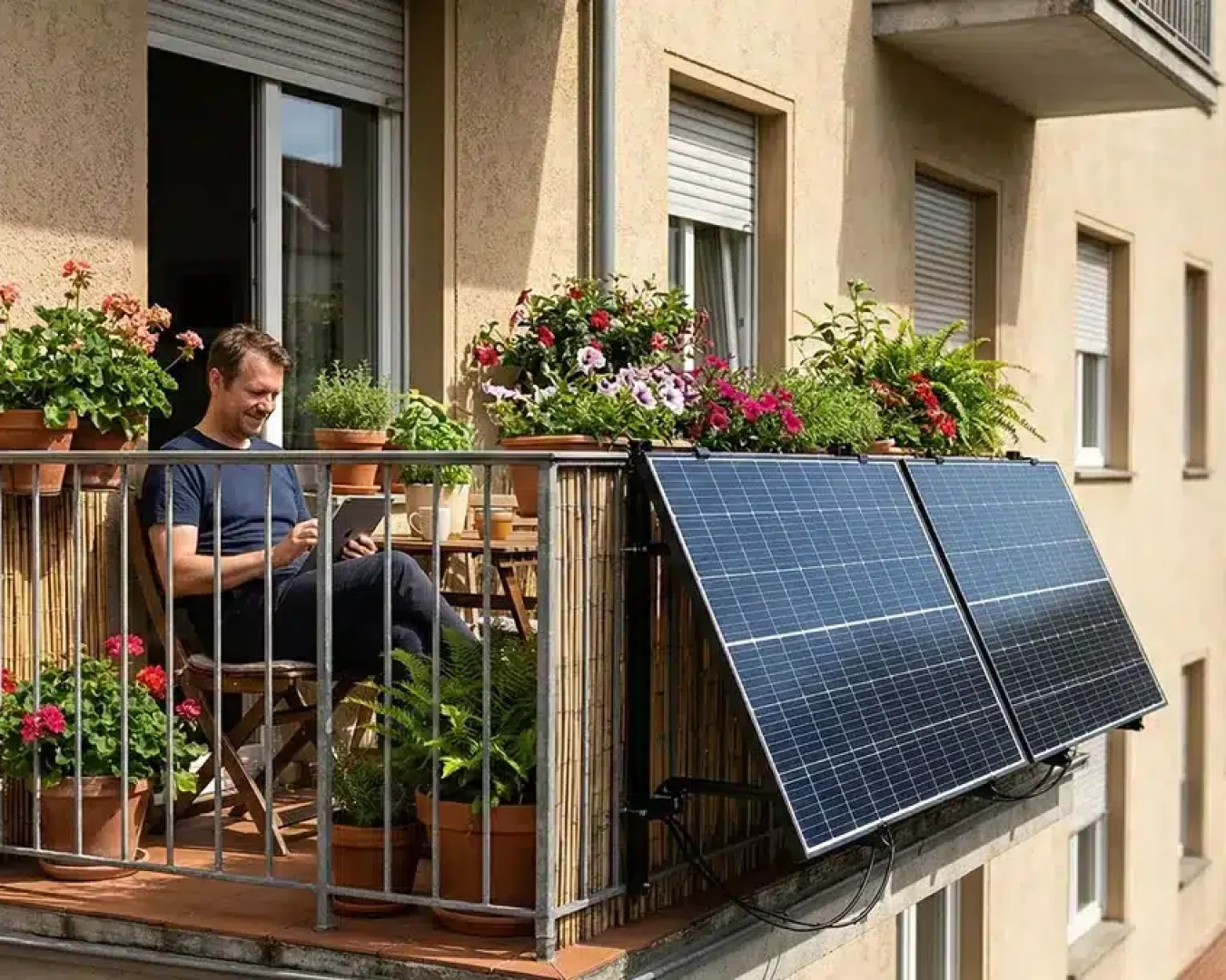 Ein Mann sitzt auf einem kleinen Balkon, umgeben von Topfpflanzen, und arbeitet an einem Tablet. Am Geländer sind zwei Sonnenkollektoren aus seinem jüngsten Balkonkraftwerk Vergleich angebracht, während auf dem Wohnhaus ähnliche mit Pflanzen bepflanzte Balkone zu sehen sind.