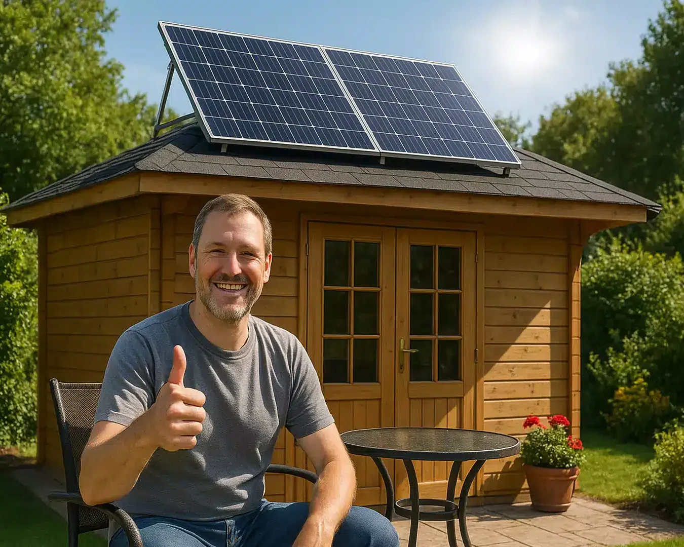 Ein lächelnder Mann sitzt auf einem Terrassenstuhl und zeigt den Daumen nach oben vor einem hölzernen Gartenhaus mit Sonnenkollektoren - einem cleveren Balkonkraftwerk - auf dem Dach, umgeben von Grün und Sonnenlicht.