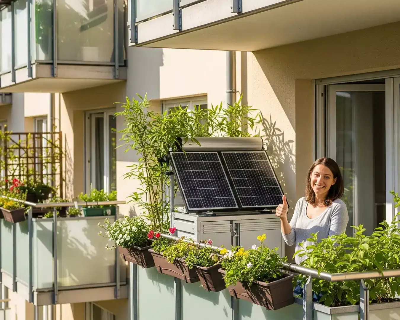 Eine Frau auf einem sonnigen Wohnungsbalkon, umgeben von Topfpflanzen und Blumen, lächelt und zeigt den Daumen nach oben neben kleinen Sonnenkollektoren, die am Geländer befestigt sind. Im Hintergrund sind weitere Balkone mit Pflanzen zu sehen.