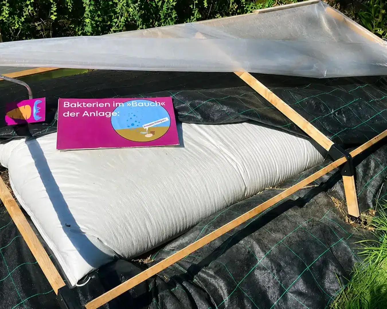 Ein überdachtes Gartenbeet mit einem Holzrahmen und einer Plastikfolie, auf dem ein Schild in deutscher Sprache mit der Aufschrift "Bakterien im Bauch der Anlage" und einer Abbildung von Bakterien zu sehen ist - perfekt als Mini-Biogasanlage für den deutschen Markt. Gras und Grünzeug umgeben die Anlage.