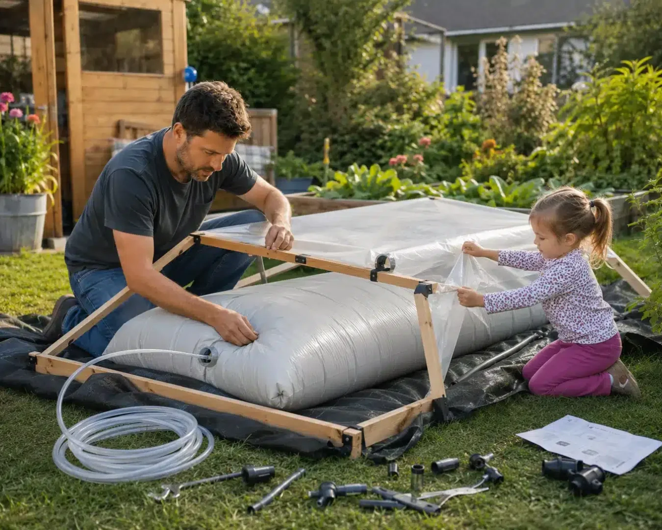 Ein Mann und ein junges Mädchen bauen im Freien ein Gartenbewässerungssystem zusammen, als ob sie eine Biogasanlage selbst bauen würden. Sie spannen Plastik über einen großen, mit Wasser gefüllten Sack, inmitten von Werkzeugen, Schläuchen und Anleitungen im Gras.