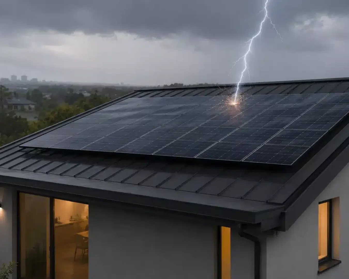 Ein Blitz schlägt während eines Gewitters in die mit Blitzschutz für PV-Anlagen bestückten Solarmodule auf einem modernen Hausdach ein, über dem sich dunkle Wolken abzeichnen und im Hintergrund eine schwache Stadtkulisse zu sehen ist.