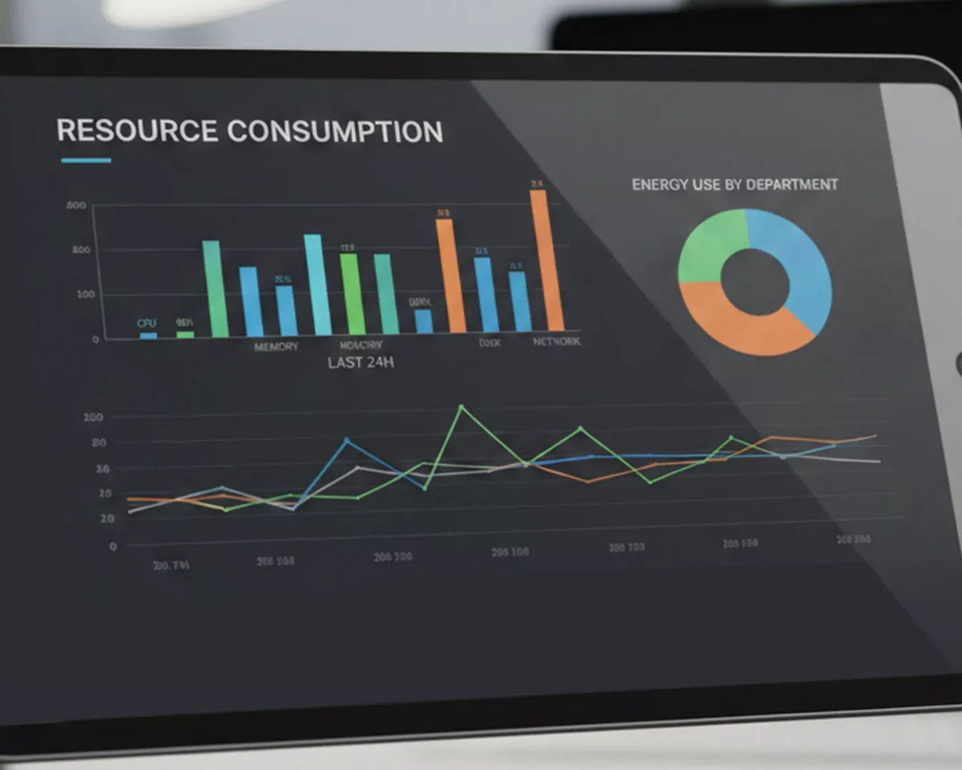 Ein Tablet zeigt Diagramme zum Ressourcenverbrauch an: ein Balkendiagramm für CPU-, Speicher-, Festplatten- und Netzwerknutzung über 24 Stunden, ein Donut-Diagramm für den Energieverbrauch nach Abteilung und ein mehrzeiliges Diagramm für Nutzungstrends.