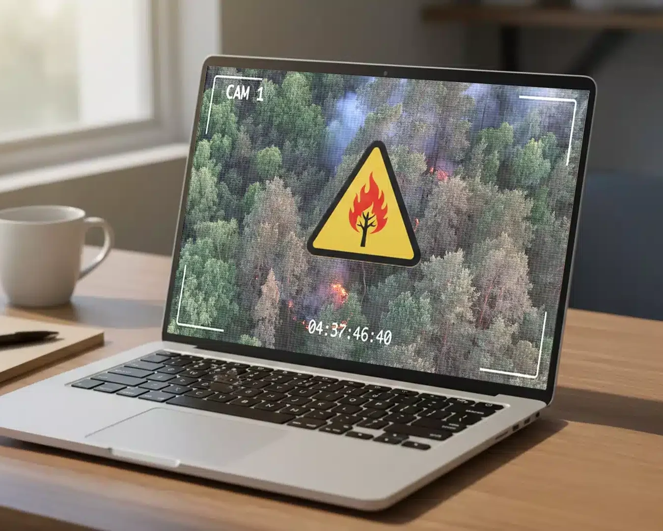 Ein Laptop auf einem Schreibtisch zeigt ein Warnsymbol für einen Waldbrand über einem Luftbild eines Waldes an, wobei eine Kamerabezeichnung und ein Zeitstempel auf dem Bildschirm sichtbar sind. Auf dem Schreibtisch stehen auch eine Kaffeetasse und ein Notizbuch.