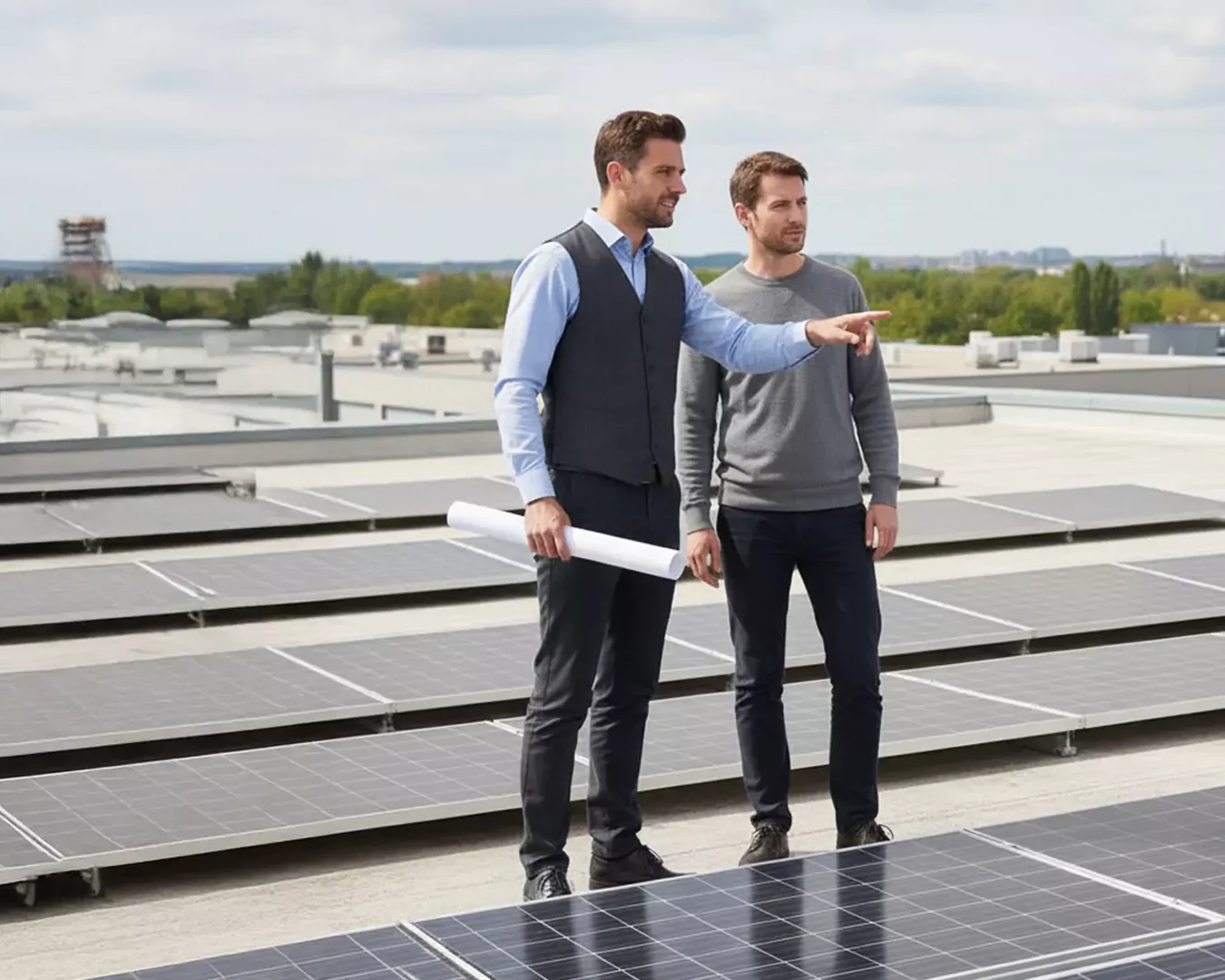 Zwei Männer stehen auf einem mit Solarzellen bedeckten Dach; einer hält Baupläne in der Hand und zeigt in die Ferne, während der andere in die gleiche Richtung blickt. Der Himmel ist teilweise bewölkt und im Hintergrund sind Bäume zu sehen.