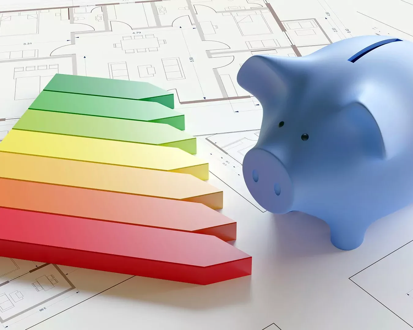 Energiekosten senken, Sparschwein mit Skala Energieeffizienz