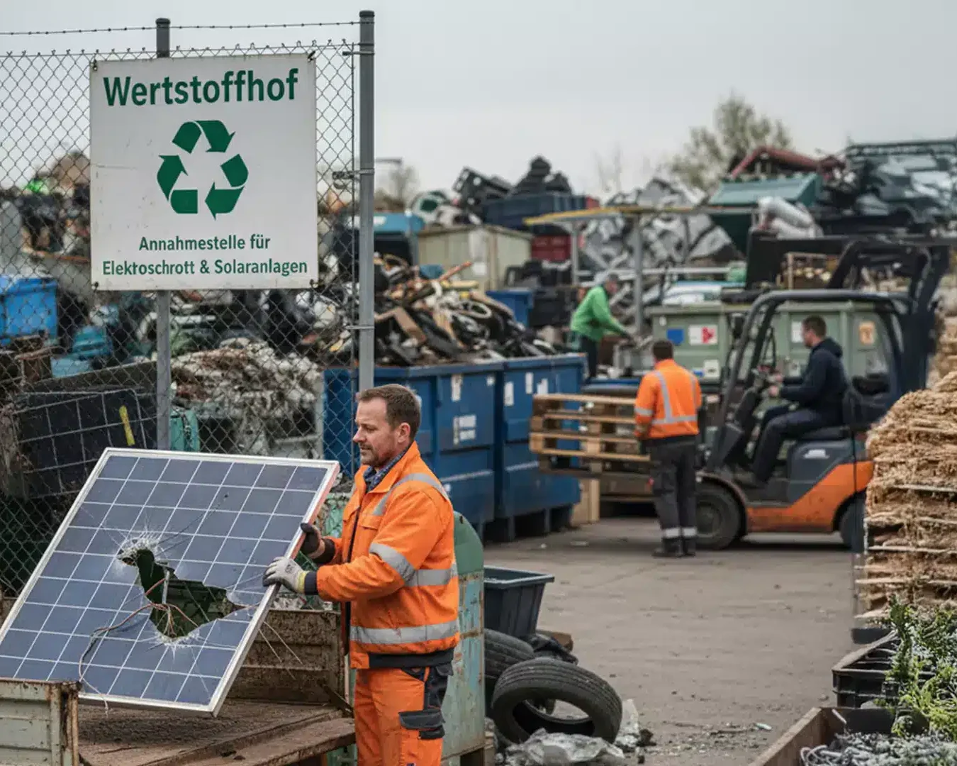 Ein Arbeiter in orangefarbenem Overall hantiert mit einem kaputten Solarpanel in einem Recyclingzentrum. Im Hintergrund bewegen andere Arbeiter und Maschinen Materialien. Ein Schild mit der Aufschrift "Wertstoffhof" weist auf die Sammlung von Elektronikschrott und Solarsystemen hin.