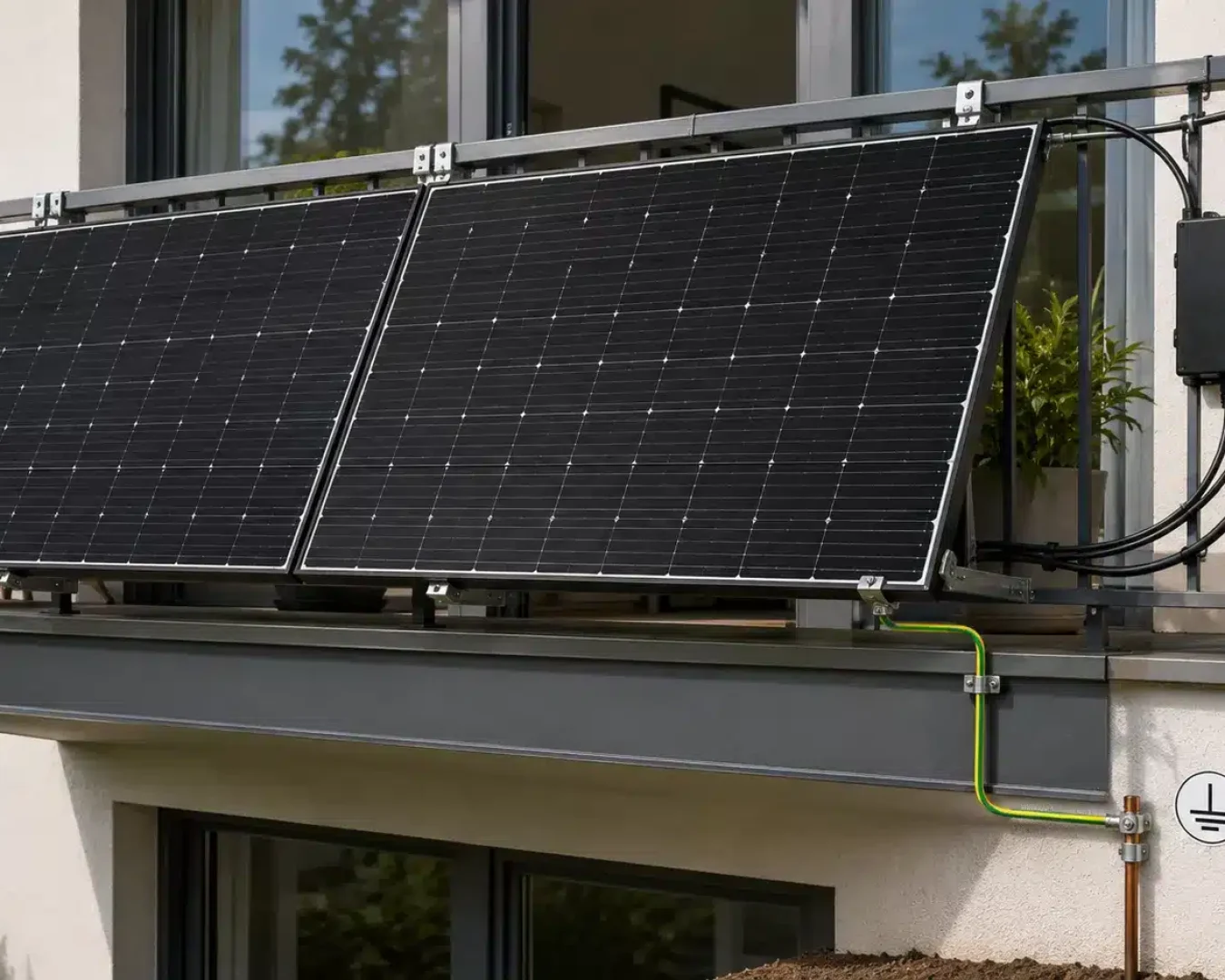 Zwei Solarmodule sind in einer sauberen Balkonkraftwerk-Installation an einem kleinen Balkongeländer angebracht und durch sichtbare Kabel mit einem Stromkasten an der Wand verbunden. Das Grün spiegelt sich in den Fenstern dahinter.