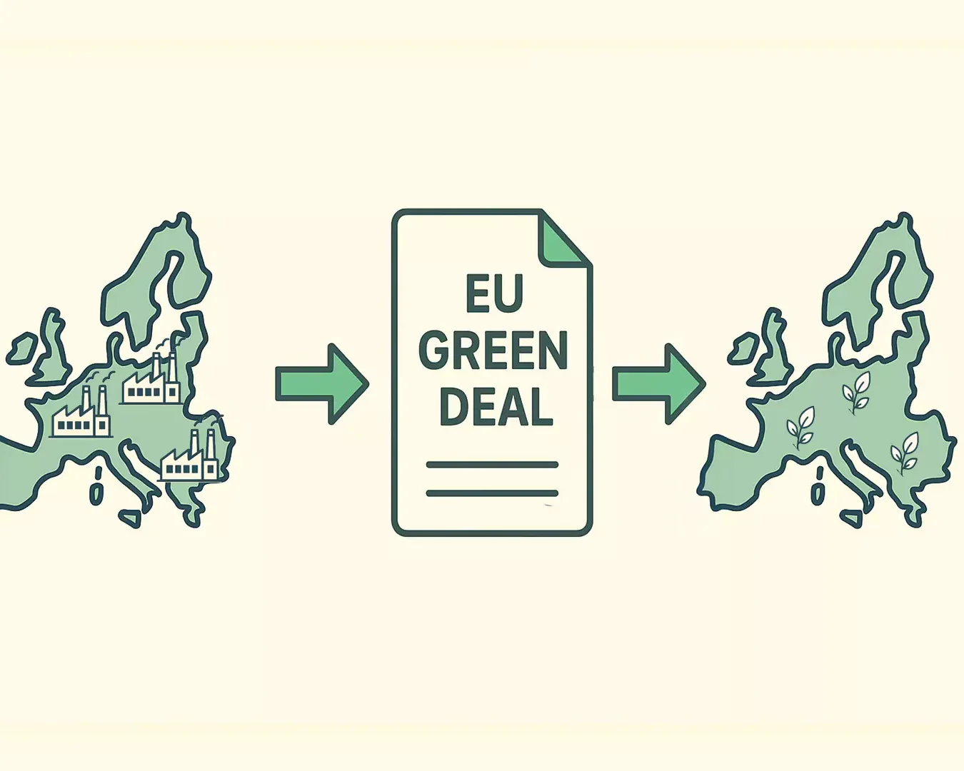 Eine Grafik zeigt eine mit Fabriken gefüllte Europakarte, einen Pfeil, der zu einem Dokument mit der Aufschrift EU Green Deal führt, und einen weiteren Pfeil, der zu einer grüneren Europakarte mit Bäumen und Windrädern führt.