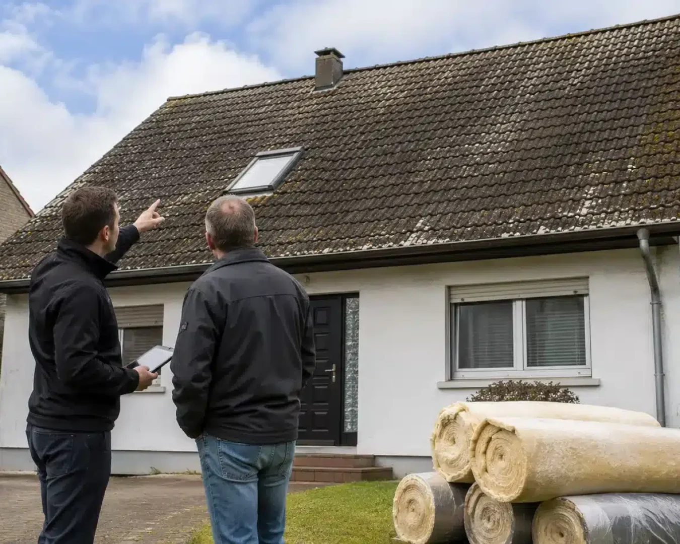 Zwei Personen stehen vor einem Haus, eine deutet auf bemooste Dachziegel. Aufgerolltes Dämmmaterial auf dem Rasen deutet auf geplante Reparaturen oder Verbesserungen am Haus hin, wahrscheinlich als Reaktion auf die GEG-Sanierungspflicht.