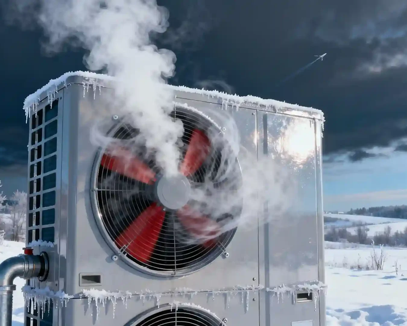 Eine Wärmepumpe im Freien dampft, während sie in Betrieb ist, mit Reif und Eiszapfen bedeckt, in einer verschneiten Winterlandschaft unter einem dunklen, bewölkten Himmel Dampf abgibt.