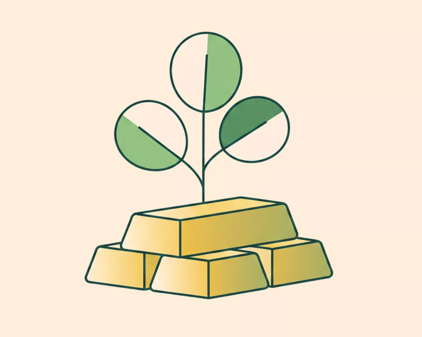 Illustration einer Pflanze mit drei grünen Blättern, die aus einem Stapel von Goldbarren auf einem hellbeigen Hintergrund herauswächst, als Symbol für nachhaltige Investitionsbereiche und finanzielles Wachstum.