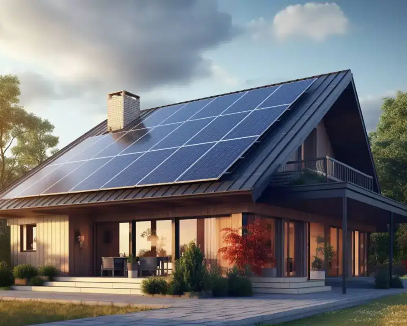 Haus mit PV Anlage bei Sonnenschein im Garten