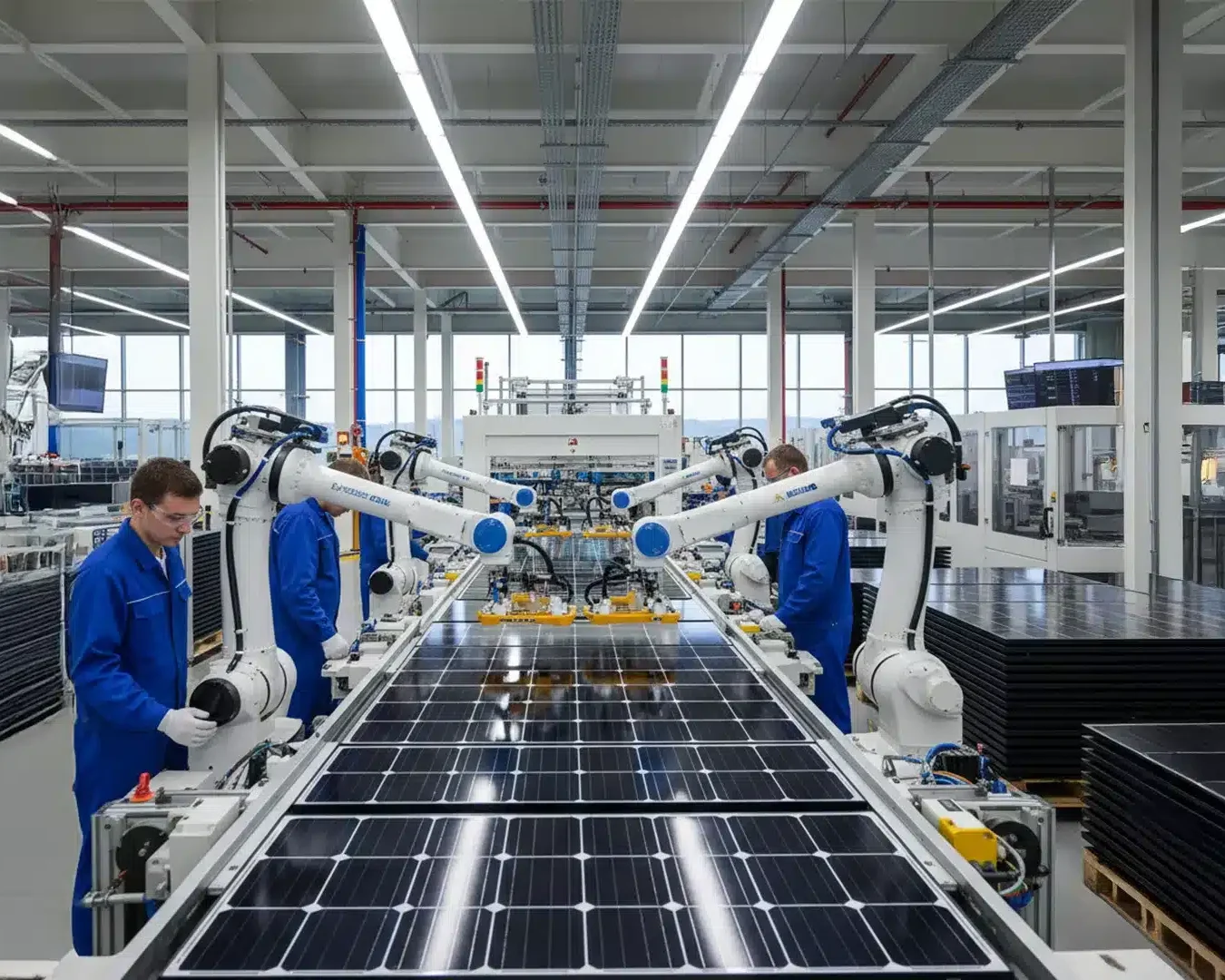 Arbeiter in blauen Uniformen beaufsichtigen Roboterarme bei der Montage von Solarmodulen auf einer Fertigungsstraße. Sie zeigen die Solarmodul Herstellung in einer hellen, modernen Fabrik mit großen Fenstern und Stapeln von fertigen Modulen.