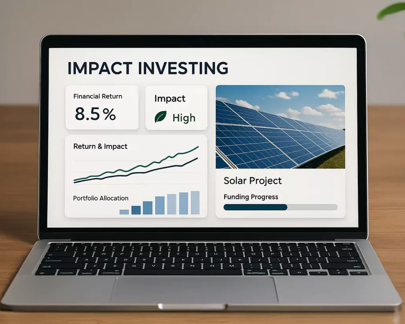 Ein Laptop auf einem Holztisch zeigt ein Dashboard für Impact Investing, das eine finanzielle Rendite von 8,5 %, eine hohe Wirkung, ein Diagramm, ein Balkendiagramm und einen Fortschrittsbalken für die Finanzierung eines Solarprojekts neben einem Foto von Solarzellen zeigt.