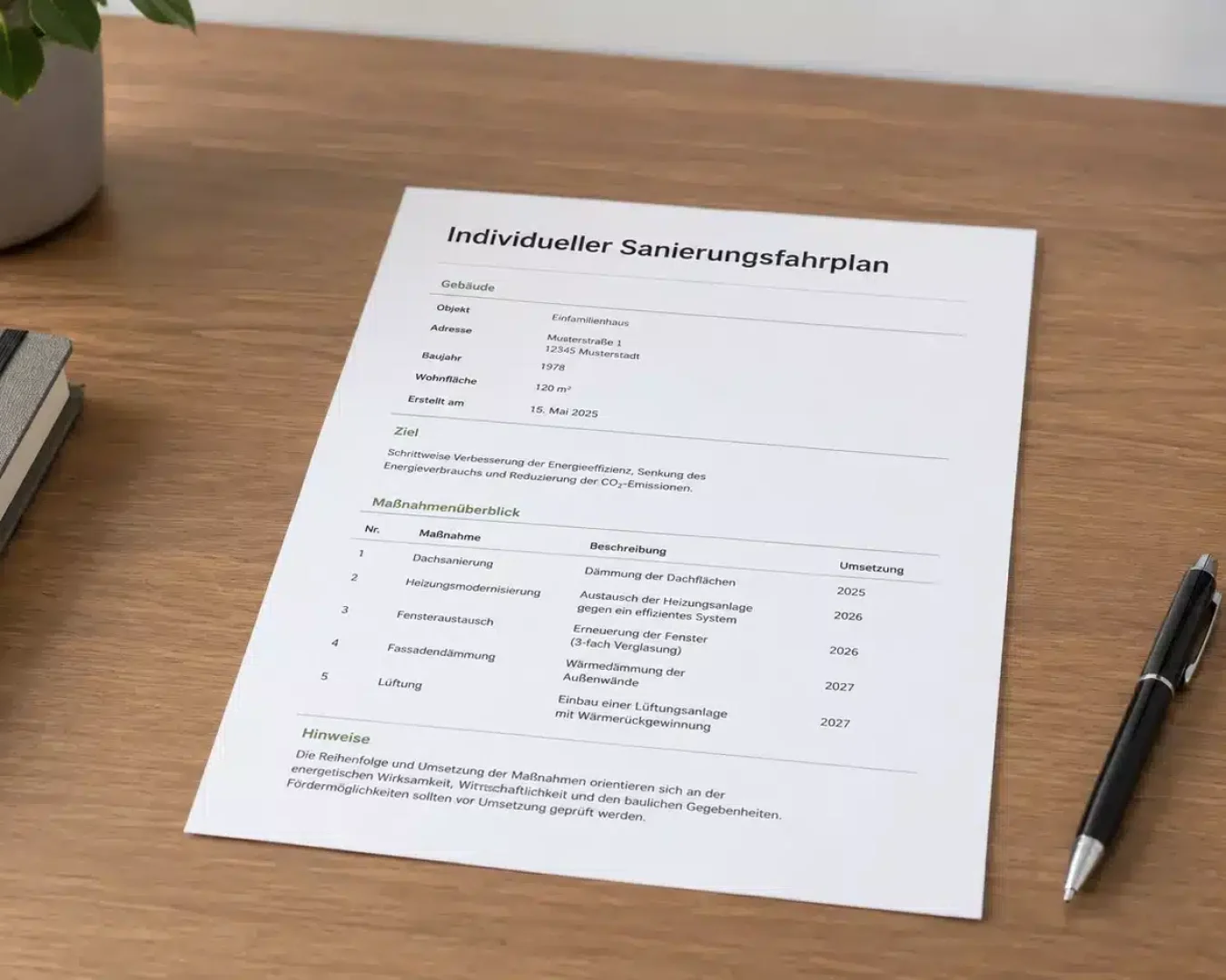Ein Dokument mit dem Titel Individueller Sanierungsfahrplan liegt auf einem Holztisch neben einem Stift, einem geschlossenen Notizbuch und einer Pflanze. Das Papier enthält Tabellen und Daten zur Sanierungsplanung in deutscher Sprache und hebt Aspekte der iSFP Förderung hervor.