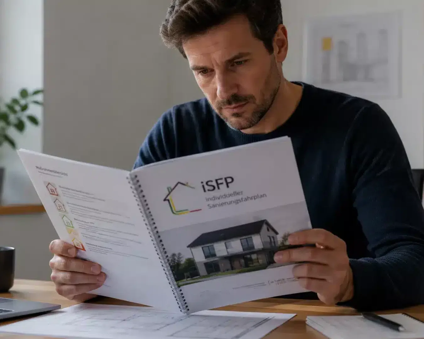 Ein Mann sitzt an einem Schreibtisch und liest einen iSFP Individueller Sanierungsfahrplan mit einem Foto eines Hauses auf dem Umschlag; vor ihm liegen Papiere, ein Stift und eine Tasse.