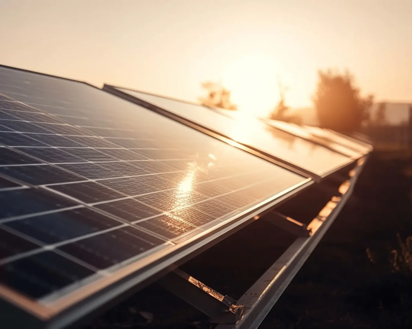 Reihen von Solarmodulen werden im Freien auf einem Feld gezeigt, das in Richtung der untergehenden Sonne geneigt ist, wobei das Sonnenlicht von ihren Oberflächen reflektiert wird und die Bäume im Hintergrund verschwimmen.