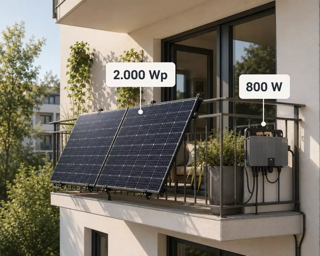 Zwei Solarmodule bilden ein Balkonkraftwerk am Geländer des Wohnungsbalkons; sie sind mit einer maximalen Leistung von 2.000 Watt und 800 W gekennzeichnet. Der Balkon ist mit Pflanzen bepflanzt, und am Geländer ist ein Wechselrichter befestigt.
