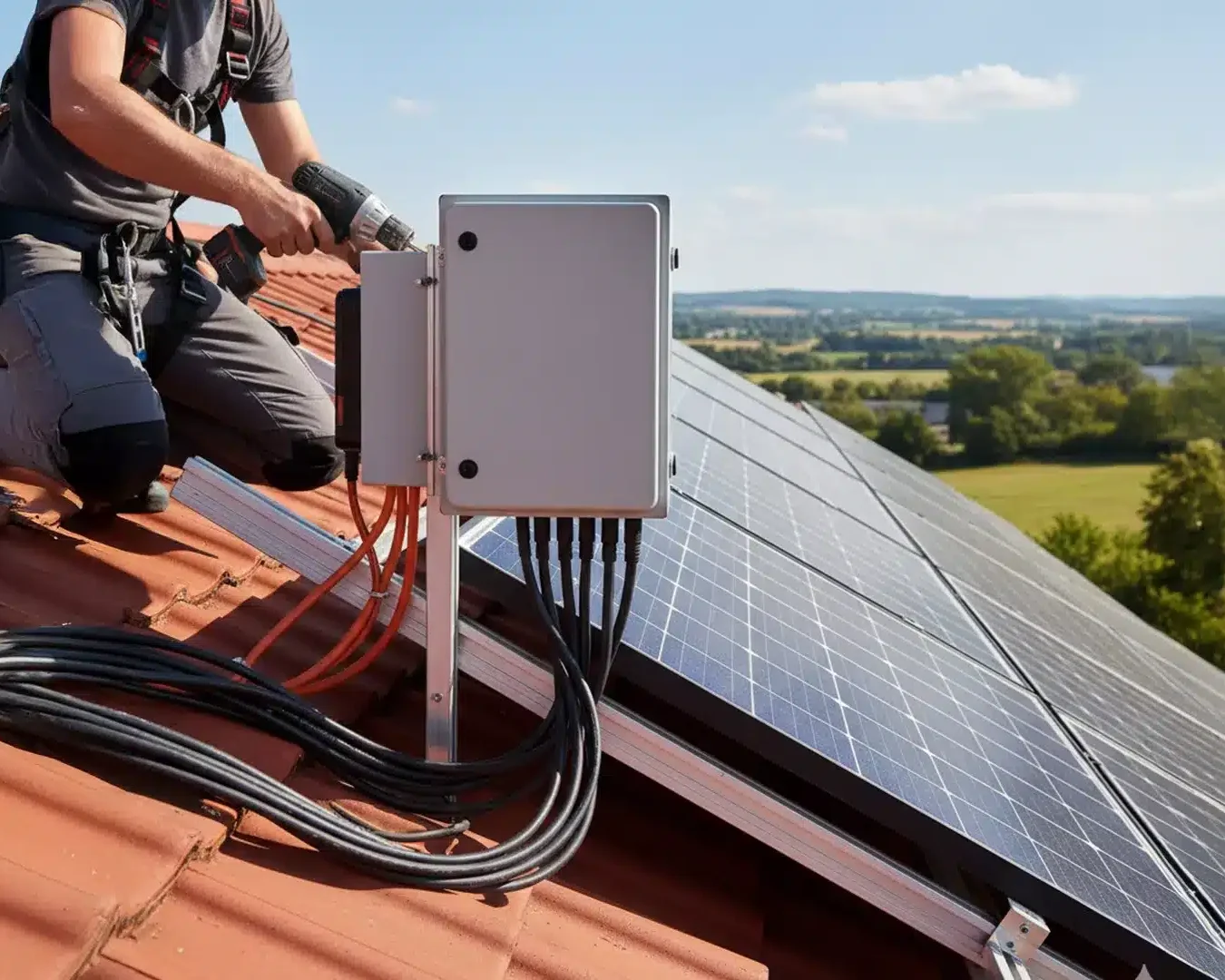 Ein Arbeiter in Schutzkleidung kniet auf einem Ziegeldach und installiert oder wartet eine Solaranlage. Mehrere Solarmodule und elektrische Leitungen sind zu sehen, im Hintergrund eine malerische ländliche Landschaft.