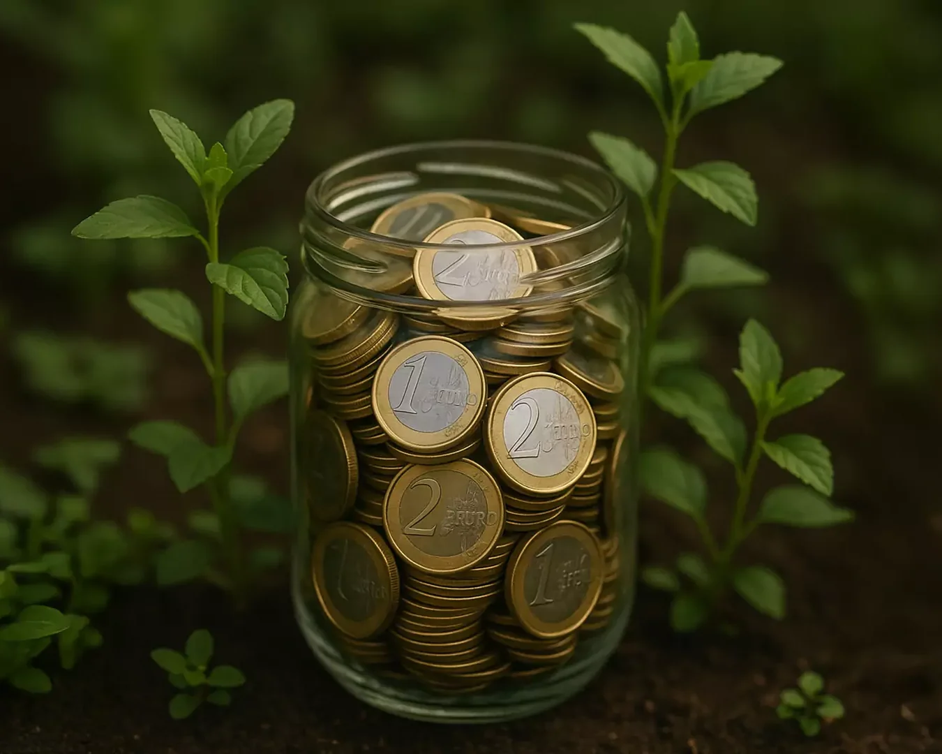 Ein mit Euro-Münzen gefülltes Glasgefäß steht auf dunkler Erde, umgeben von kleinen grünen Pflanzen und Setzlingen, die das Konzept des nachhaltigen Investierens und des finanziellen Wachstums im Einklang mit der Natur veranschaulichen.