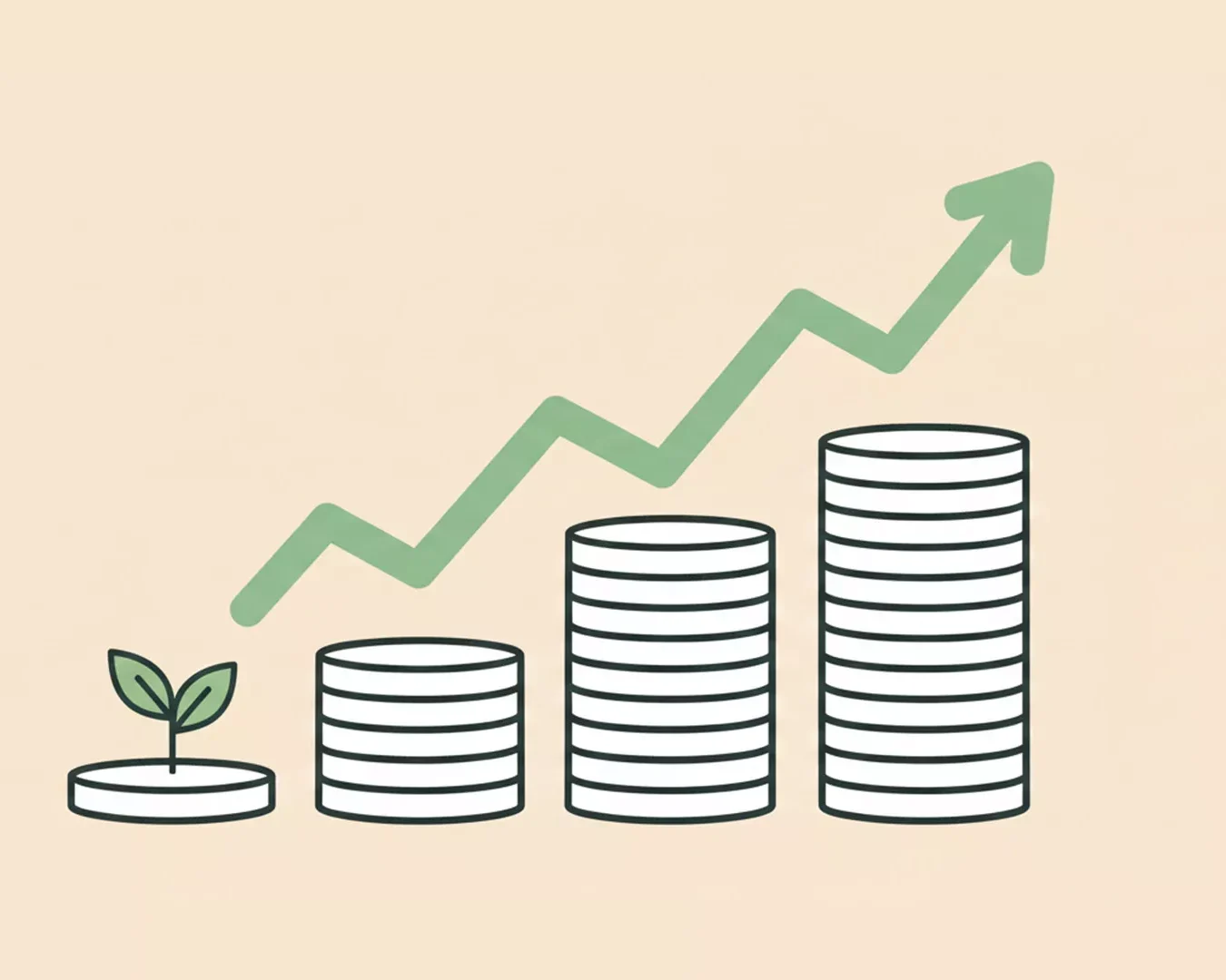 Eine einfache Illustration, die eine kleine Pflanze neben immer höher werdenden Münzstapeln zeigt, mit einem nach oben zeigenden grünen Pfeil über den Stapeln, symbolisiert finanzielles Wachstum oder Anlageerfolg durch nachhaltige Aktien.