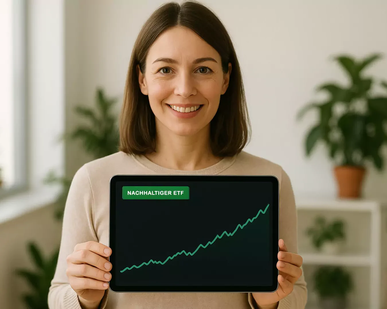 Eine Frau lächelt und hält ein Tablet in der Hand, auf dem ein ansteigendes Liniendiagramm mit der Aufschrift NACHHALTIGER ETF zu sehen ist. Sie steht in einem hellen Raum mit Grünpflanzen im Hintergrund.