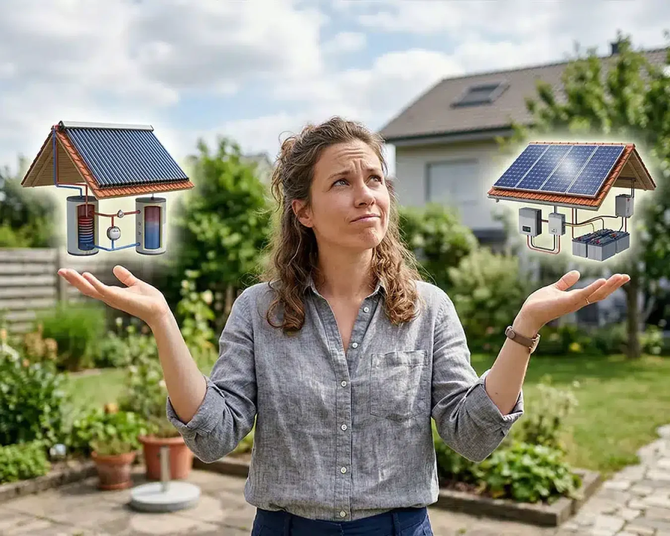 Eine Frau steht in einem Garten und hält ihre Hände hoch, als wöge sie zwei illustrierte Solaranlagen - Photovoltaik oder Solarthermie - in jeder Hand, mit einem Haus und Grünflächen im Hintergrund.