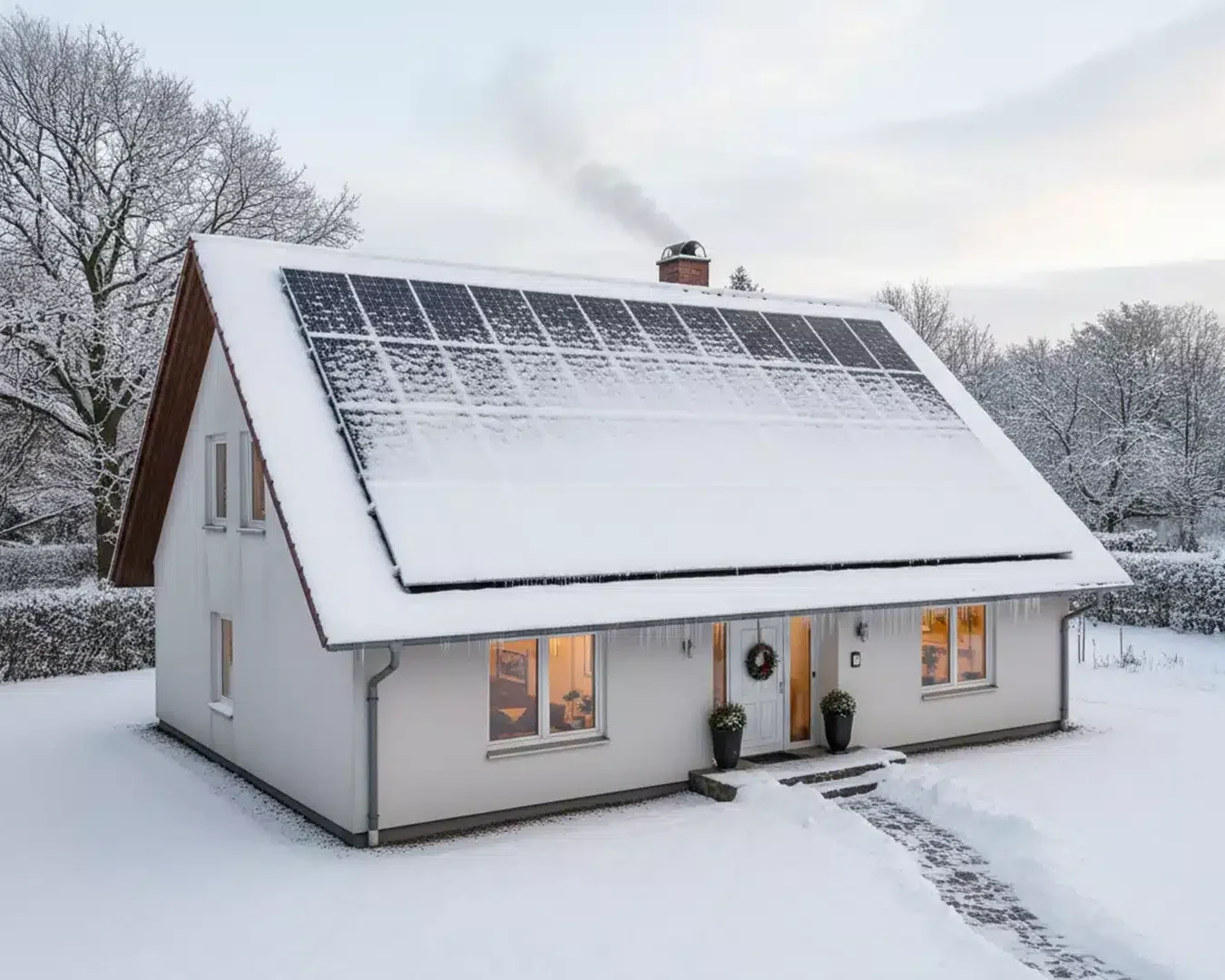 Ein weißes Haus mit Sonnenkollektoren auf dem schneebedeckten Dach steht in einem verschneiten Hof, aus den Fenstern strahlt warmes Licht und im Hintergrund sieht man schneebedeckte Bäume. Rauch steigt aus dem Schornstein auf.