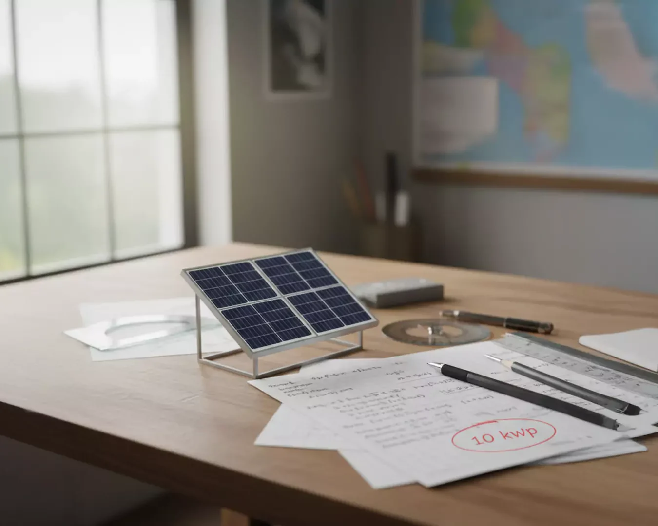 Ein kleines Solarmodell steht auf einem Schreibtisch, umgeben von Papieren, Stiften und Büromaterial. Die Papiere enthalten handschriftliche Notizen und einen roten Kreis um "10 kWp". Im Hintergrund befinden sich ein Fenster und eine Weltkarte an der Wand.