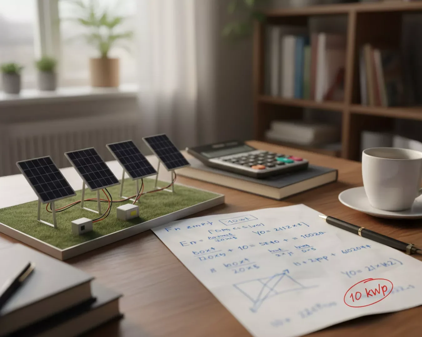 Ein Schreibtisch mit einem Miniaturmodell eines Solarpanels, einem Taschenrechner, einer Kaffeetasse und Papieren mit Berechnungen zur Solarenergie und einem Diagramm, in dem 10 kWp eingekreist sind. Im Hintergrund befinden sich Regale und Pflanzen.