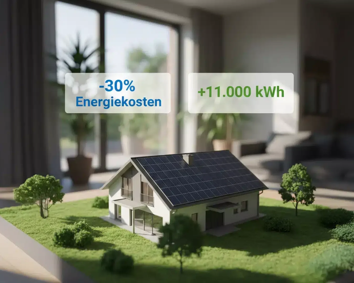 Ein Modell eines modernen Hauses mit Sonnenkollektoren ist in einem Innenraum ausgestellt. Der Text lautet "-30% Energiekosten" und "+11.000 kWh". Sonnenlicht erfüllt das helle Wohnzimmer und unterstreicht die Vorteile, die der Photovoltaik Ertragsrechner zeigt.