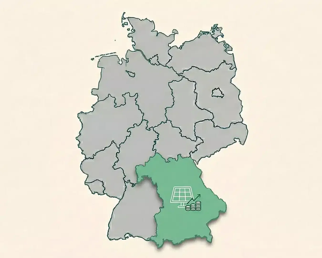 Karte der Bundesrepublik Deutschland, in welcher das Bundesland Bayern hervorgehoben ist. Thema des Beitrags ist die PV Förderung Bayern