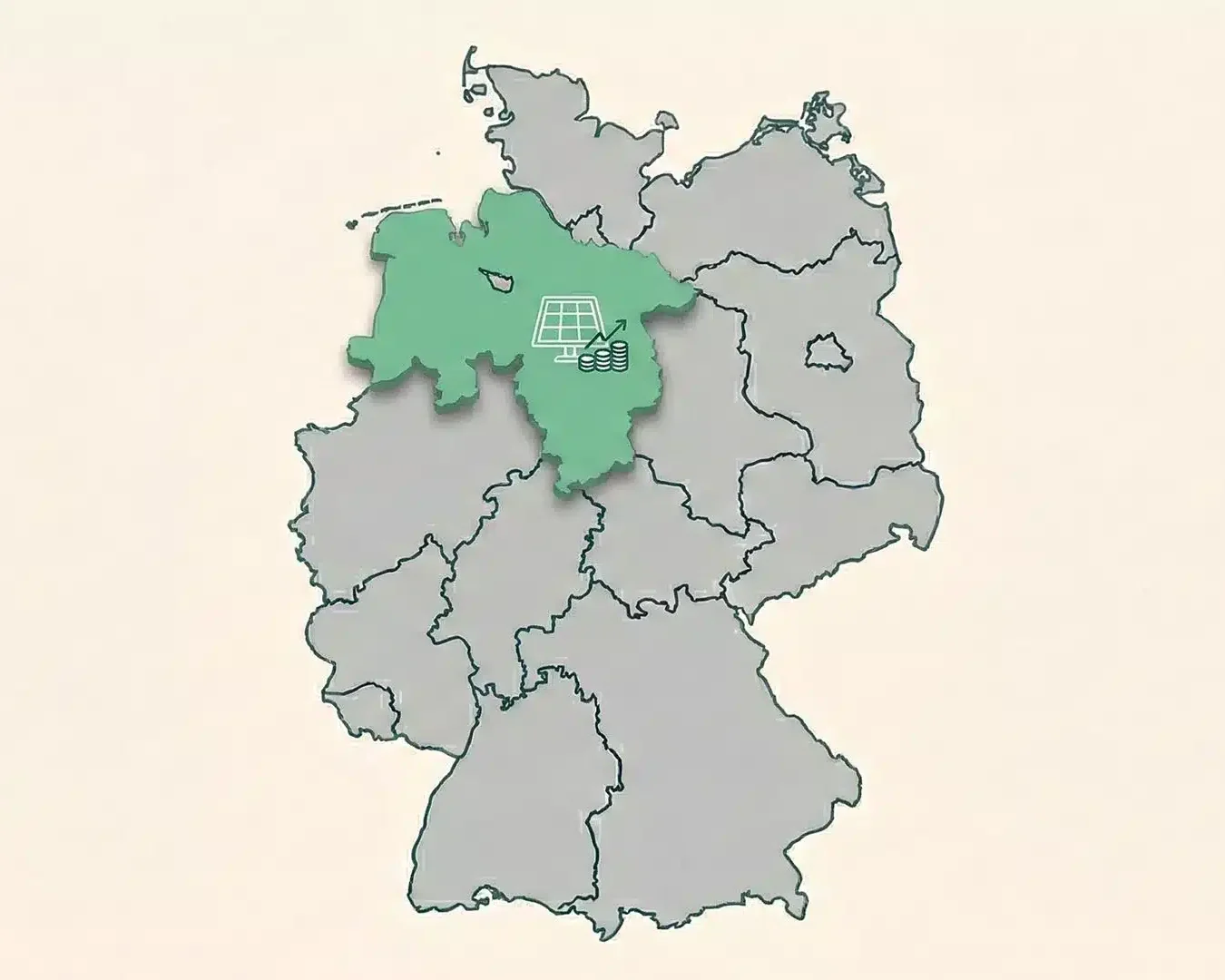 Karte der Bundesrepublik Deutschland, in welcher das Bundesland Niedersachsen hervorgehoben ist. Thema des Beitrags ist die PV Förderung Niedersachsen