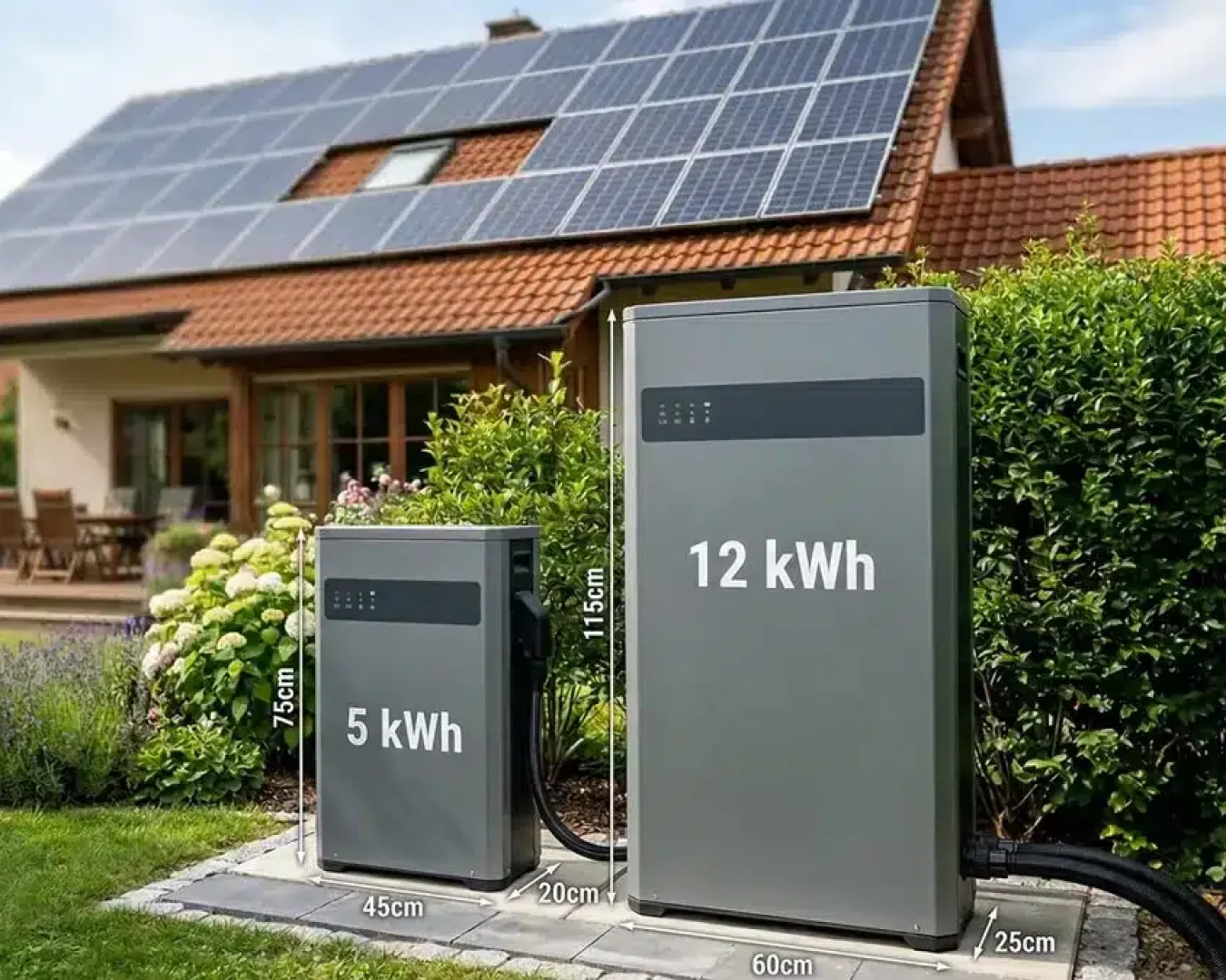 Zwei Batteriespeicher mit den Bezeichnungen 5 kWh und 12 kWh, die jeweils ihre PV-Speichergröße anzeigen, stehen in einem Garten vor einem Haus mit Sonnenkollektoren auf dem Dach, umgeben von üppigem Grün.