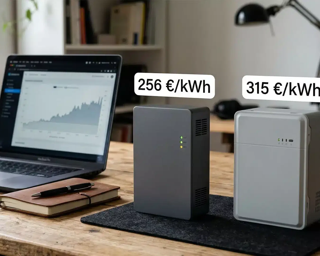 Ein Laptop mit einer Grafik steht auf einem Schreibtisch neben zwei elektronischen Geräten, die mit 256 €/kWh und 315 €/kWh gekennzeichnet sind - ideal für Batteriespeicher- oder Photovoltaik-Speicher-Testsieger. Der Arbeitsbereich ist außerdem mit Notebooks, einer Lampe und Topfpflanzen ausgestattet.