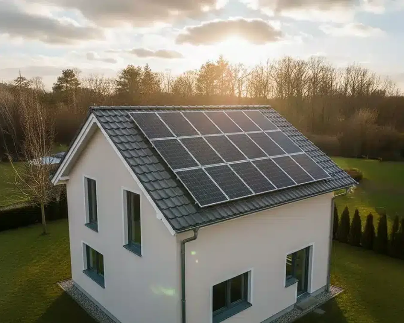 Ein modernes weißes zweistöckiges Haus mit Sonnenkollektoren auf dem Dach, umgeben von einem grasbewachsenen Hof, Bäumen und einem teilweise bewölkten Himmel, durch den das Sonnenlicht scheint.